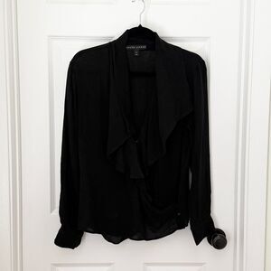 Women Ralph Lauren Ruffle Silk Long Sleeve Blouse Lightweight in Black Size 12